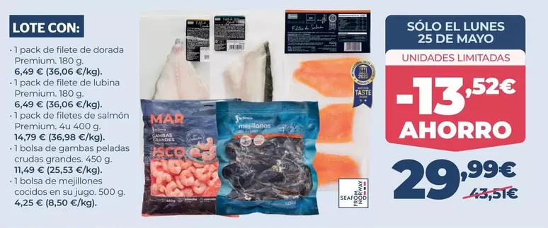 La Sirena - Lote Con: 1 Pack De Filete De Dorada Premium, 1 Pack De Filete De Lubina Premium, 1 Pack De Filetes De Salmón Premium, 1 Pack De Gambas Peladas Crudas Grandes, 1 Pack De Mejillones Cocidos En Su Jugo