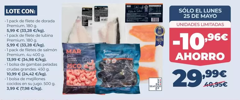La Sirena - Lote Con: 1 Pack De Filete De Dorada Premium, 1 Pack De Filete De Lubina Premium, 1 Pack De Filetes De Salmón Premioum, 1 Bolsa De Mejillones Cocidos En Su Jugo