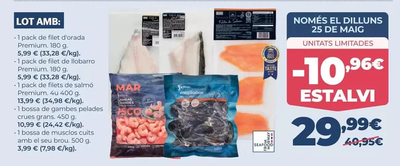 La Sirena - Lot Amb: 1 Pack De Filet D'Orada Premium, 1 Pack De Filet De Llobarro Premium, 1 Pack De Filets De Salmó Premium, 1 Bossa De Gambes Pelades Crues, 1 Bossa De Musclos Cuits Amb El Seu Brou