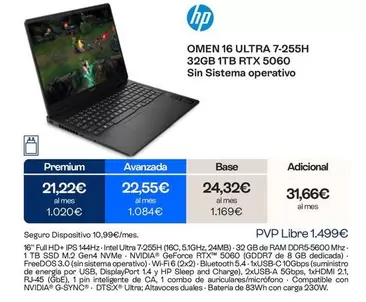HP - Omen 16 Ultra 7-255H RTX 5060 Sin Sistema Operativo