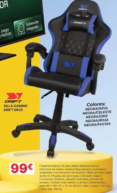 Drift - Silla Gaming Colores: Negra/Azul, Negra/Celeste, Negra/Gris, Negra/Roja, Negra/Fuscia