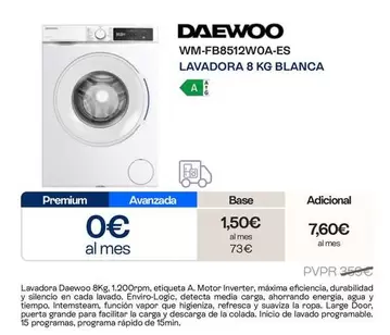 Daewoo - Lavadora 8kg Blanca