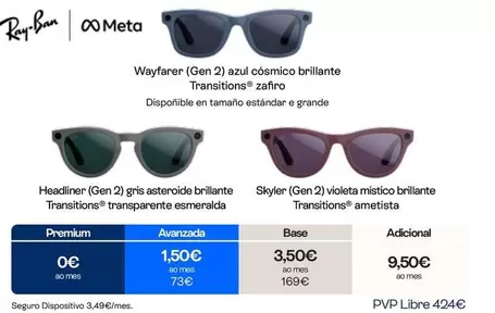 Ray-Ban - Wayfarer (Gen 2) Azul Cósmico Brillante Transitions Zafiro/Headliner (Gen 2) Gris Asteroide Brillante Transitions Transparente esmeralda/Skyler (Gen 2) Voleta Místico Brillante Transitions Amestica