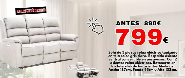 Sofá De 3 Plazas Relax Electrico Tapizada En Tela Color Gris Claro