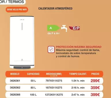 Calentador Atmosférico Serie Velis Pro Wifi