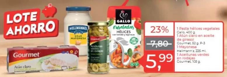 Hellmann's/Gourmet/Gallo - 1 Pasta Hélices Vegetakes/1 Atún Claro En Aceite De Girasol/1 Mayonesa/1 Aceitunas Verdes En Rojadas
