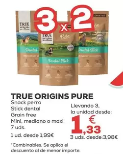 True Origins - Pure Snack Perro Stick Dental Grain Free Mini, Mediano O Maxi