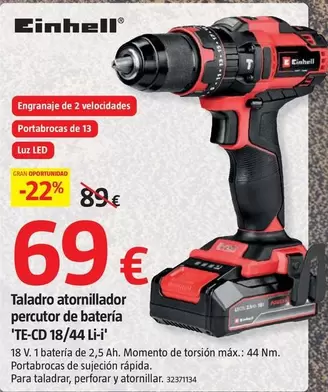 Einhell - Taladro Atornillador Percutor De Bateria 'TE-CD 18/44 Li-i'