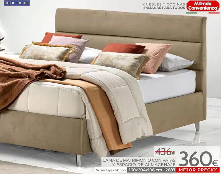Mondo Convenienza - Cama De Matrimonio Con Patas Y Espacio De Almacenaje No Incluye Colchón Tela | Beige