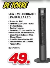 Ventilador De Torre 50w 3 Velocidades Pantalla Led
