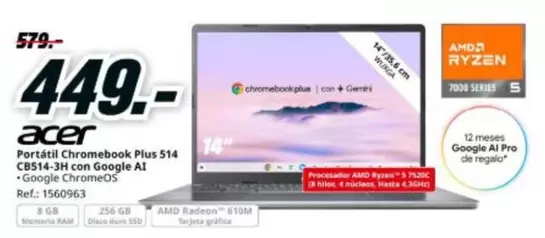 Acer - Portátil Chromebook Plus 514 CB514-Jet Con Google Al