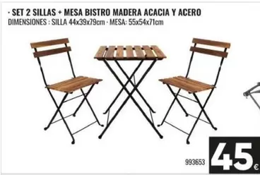 bistro - Set 2 Sillas + Mesa Bistro Madera Acacia Y Acero