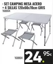 Set Camping Mesa Acero + 4 Sillas 120x60x70cm Gris