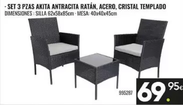 antracita - Set 3 Pzas Akita Antracita Ratán, Acero, Cristal Templado