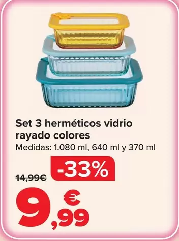 Set 3 Hermeticos Vidrio Rayado Colores