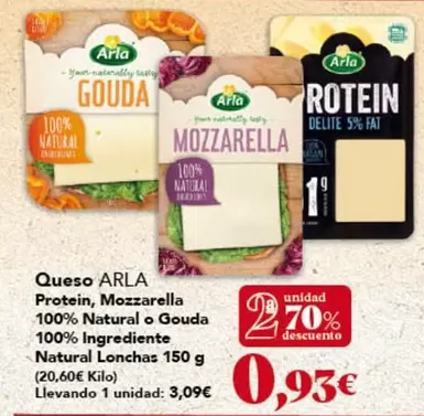 Arla - Queso Protein, Mozzarella 100% Natural O Gouda 100% Ingrediente Natural Lonchas