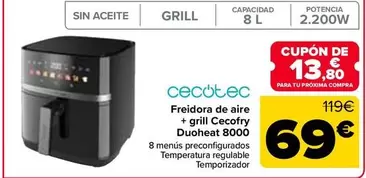 Cecotec - Freidora De Aire + Grill Cecofry Duoheat 8000