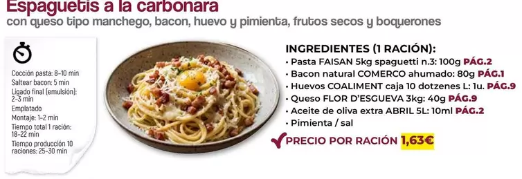 Espaguetis A La Carbonara Con Queso Tipo Manchego, Bacon, Huevo Y Pimienta, Frutos Secos Y Boquerones