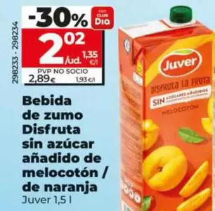 Juver - Bebida De Zumo Disfruta Sin Azúcar Añadido De Melocotón