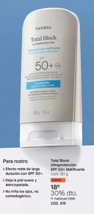 Yanbal - Total Block Ultraprotección SPF 50+ Matificante