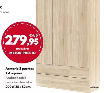 Armario 3 Puertas + 4 Cajones Roble Canadian 200x135x52cm