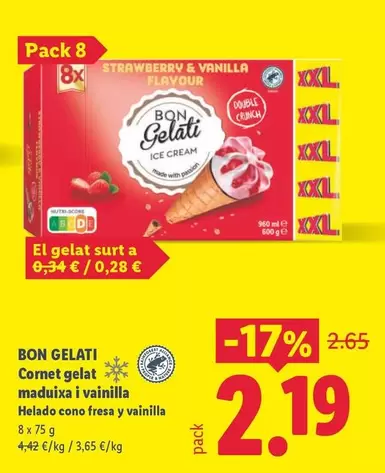 Bon Gelati - Helado Cono Fresa Y Vainilla