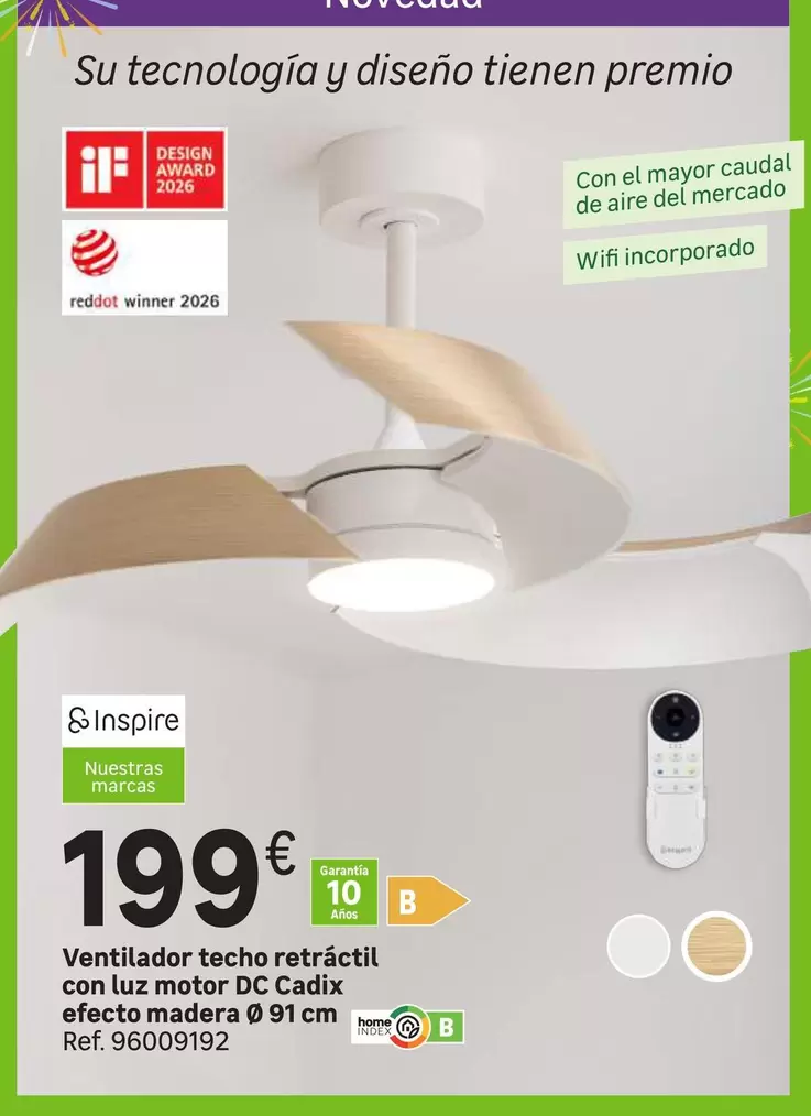 Winner - Ventilador Techo Retractil Con Luz Motor Dc Cadix Efecto Madera
