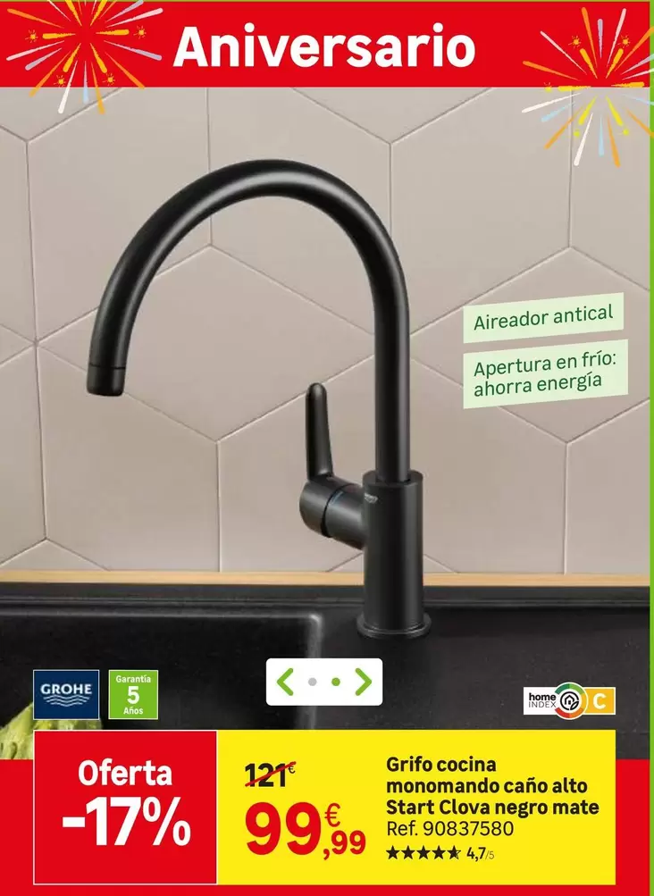 Grohe - Grifo Cocina Monomano Cajon Alto Start COVA Negro Mate