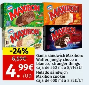 Maxibon - Gama Sandwich : Waffer, Jungly Choco O Blanco, Stranger Things Caja