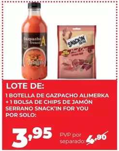 Alimerka - 1 Botella De Gazpacho +1 Bolsa De Chips De Jamon Serrano Snack'in For You