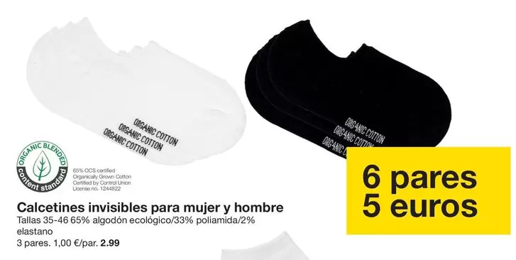 Organic - Calcetines invisibles para mujer y hombre