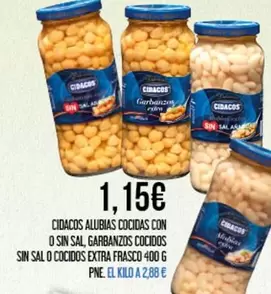Cidacos - Alubias Cocidas Con O Sin Sal, Garbanzos Cocidos Sin Sal O Cocidos Extra Frasco
