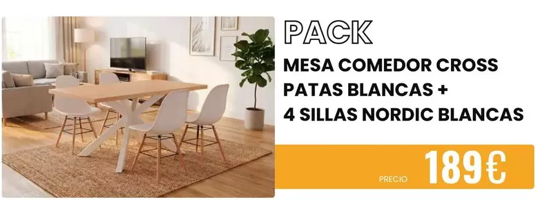 Cross - Mesa Comedor  Patas Blancas + 4 Sillas Nordic Blancas