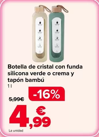 Botella De Cristal Con Funda Silicona Verde O Crema Y Tapón Bambú