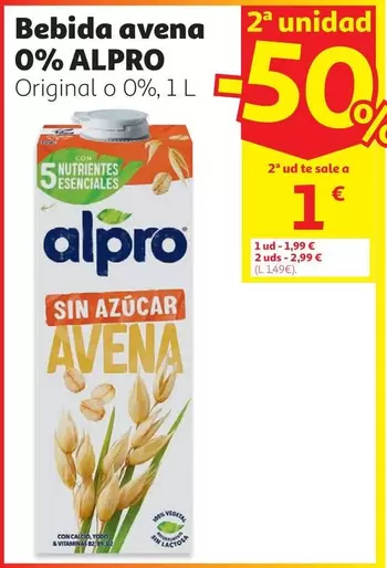 Bebida Avena 0% Azucar Alpro Caja 6x1l