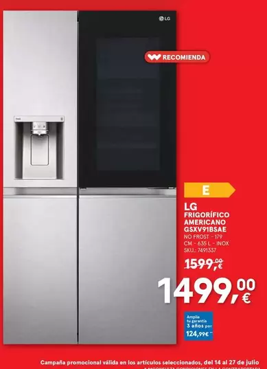 LG - Frigoríficio Americano No Frost, Inox GSXV91BSAE