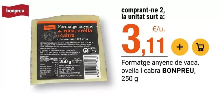 bonpreu - Formatge Anyenc De Vaca, Ovella I Cabra