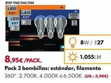 3 BOMBILLAS FILAMENTOS LED STANDARD 8W E27 1055LM - 2700K