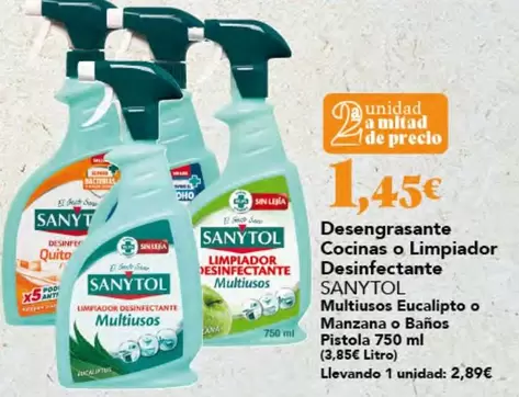 Sanytol - Desengrasante Cocinas O Limpiador Desinfectante Multiusos Eucalipto O Manzana O Baños Pistola