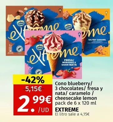 Extreme - Cono Blueberry/ 3 Chocolates/ Fresa Y Nata/ Caramelo/ Cheesecake Lemon
