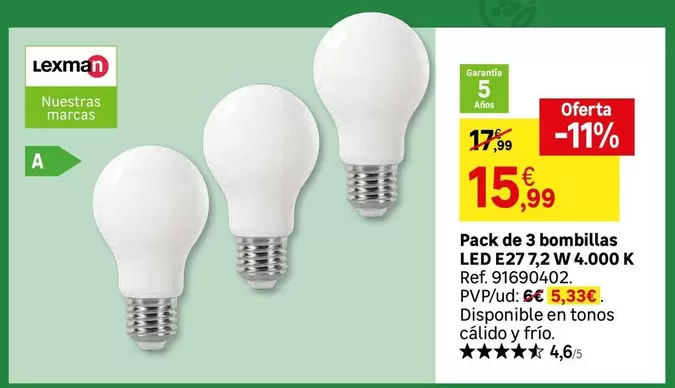 lexman - Pack De 3 Bombillas LED E27.72 W 4.000 K
