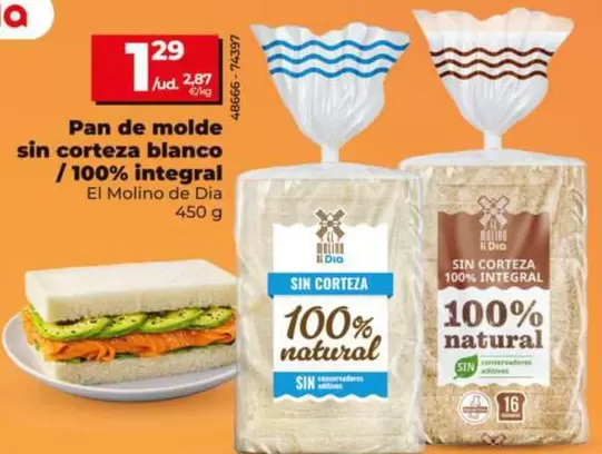 El Molino De Dia - Pan De Molde Sin Corteza Blanco/100% Integral