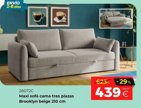 Tres - Maxi Sofa Cama Plazas Brooklyn Beige 210 Cm
