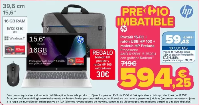 HP - Portatil 15 FC+ Raton USB 100+ Maletin Prelude