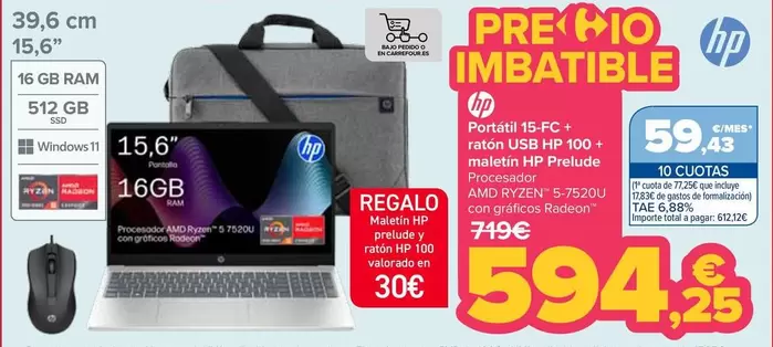 HP - Portatil 15-FC + Raton Usb Hp 100 + Maletin Prelude