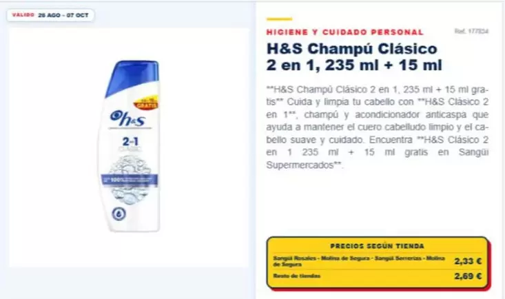 h&s - Champú Clásico 2 En 1, 2 35 Ml + 15 Ml