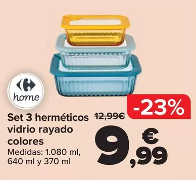 Carrefour Home - Set 3 Herméticos Vidrio Rayado Colores