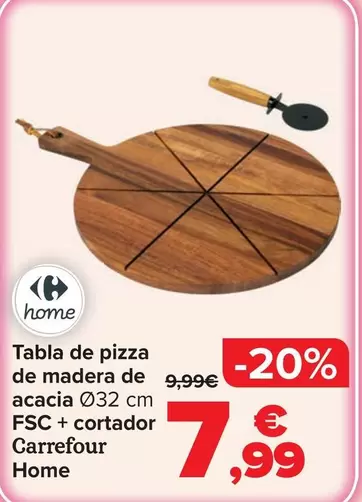 Carrefour Home - Tabla De Pizza De Madera De Acacia Ø32 Cm FSC + Cortador