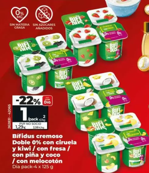 Dia - Bífidus Cremoso Doble 0% Con Ciruela Y Kiwi/Con Fresa/Con Piña Y Coco/Con Melocotón