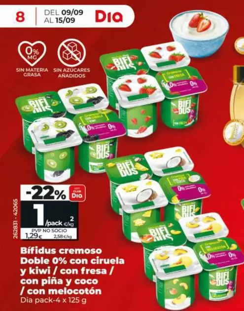 Dia - Bifidus Cremoso Doble 0% Con Ciruela Y Kiwi/Con Fresa/Con Piña Y Coco/Con Melocotón